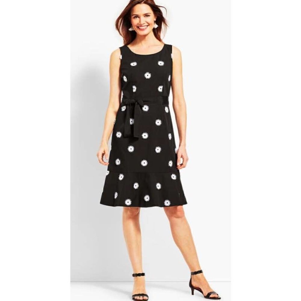 Talbots Black White Floral Flower Applique Fit and Flare Dress Sleeveles…